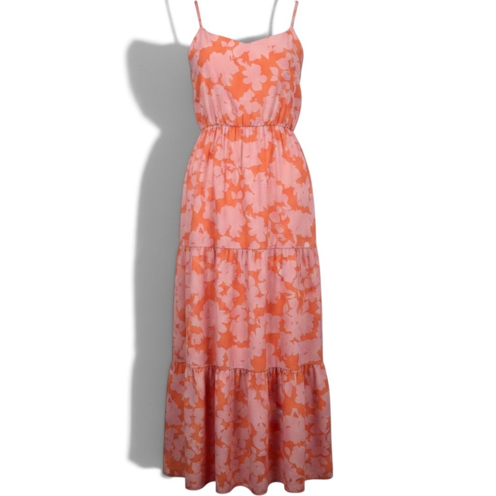 Social Standard Dress Womens Large Smocked Back Pink Orange Floral NEW